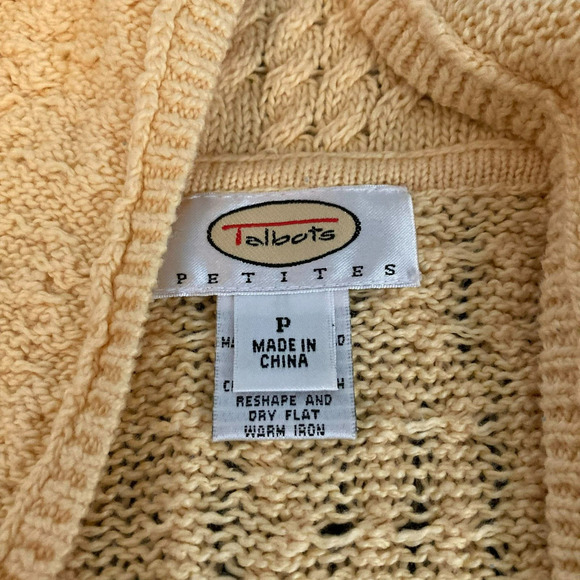 Talbots Sweater Womens Sz P Petite Yellow Cotton Cable Knit V Neck Collared - Picture 5 of 9